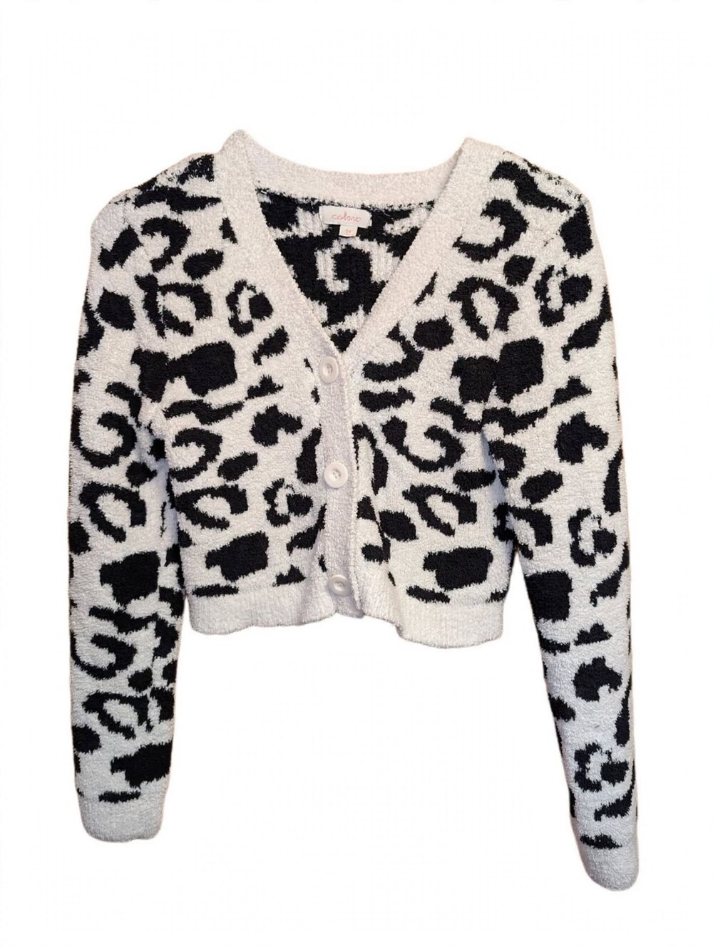 Cozy Fuzzy Leopard Cardigan White & Black - V-Neck Button Front Soft Knit Sweate